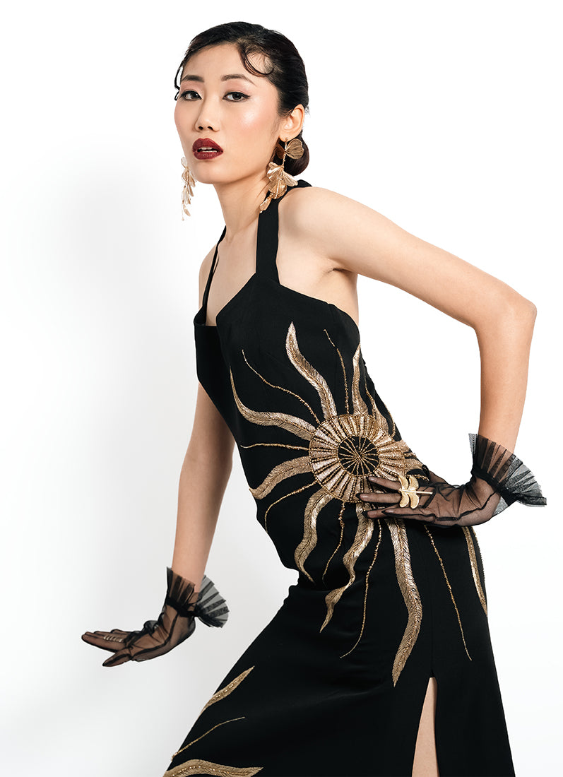 Solar Vein Embroidered Halter Gown – Black Gold Eclipse | VybTheory