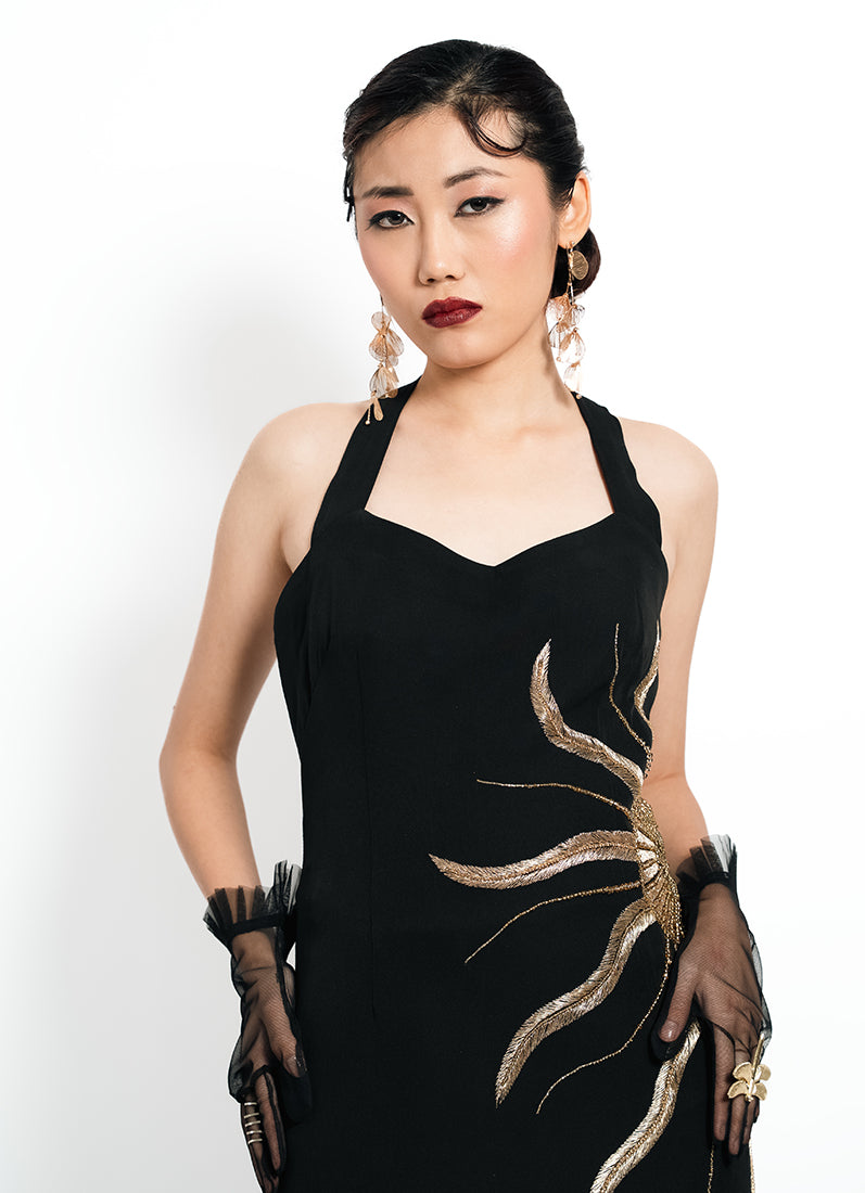 Solar Vein Embroidered Halter Gown – Black Gold Eclipse | VybTheory