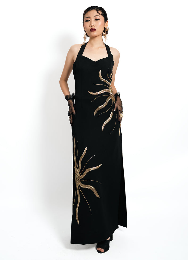Solar Vein Embroidered Halter Gown – Black Gold Eclipse | VybTheory