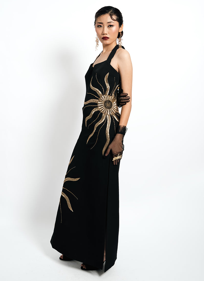 Solar Vein Embroidered Halter Gown – Black Gold Eclipse | VybTheory