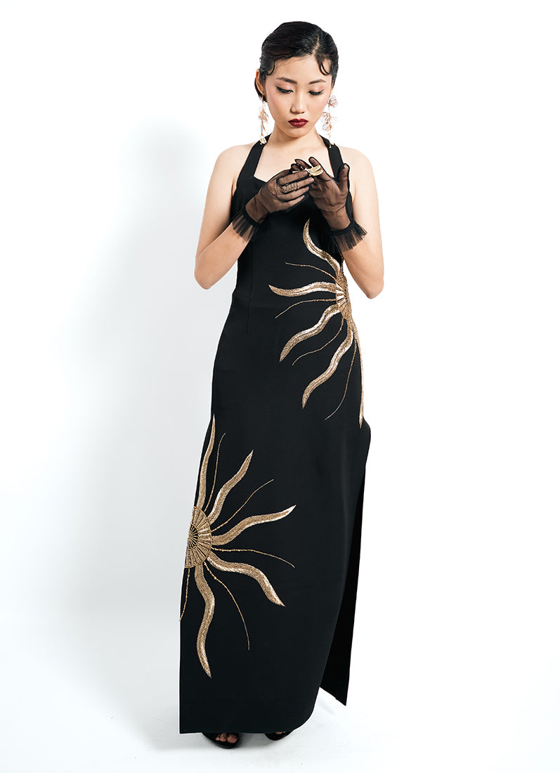 Solar Vein Embroidered Halter Gown – Black Gold Eclipse | VybTheory