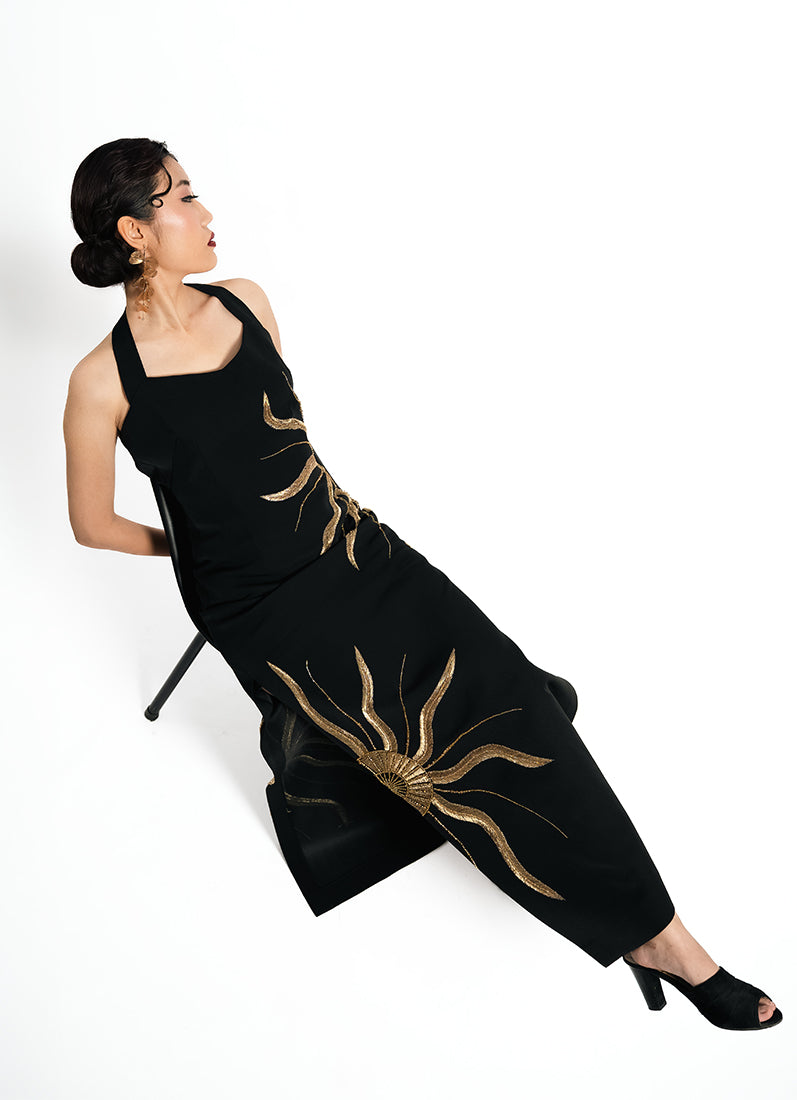 Solar Vein Embroidered Halter Gown – Black Gold Eclipse | VybTheory