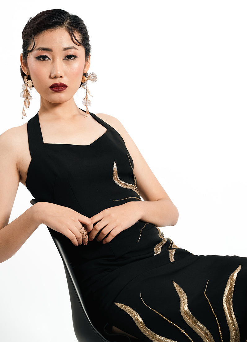 Solar Vein Embroidered Halter Gown – Black Gold Eclipse | VybTheory