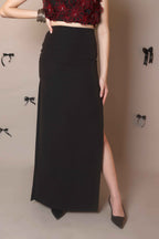 Obsidian Twin-Slit Maxi Skirt – Sculpted Noir - Vybtheory