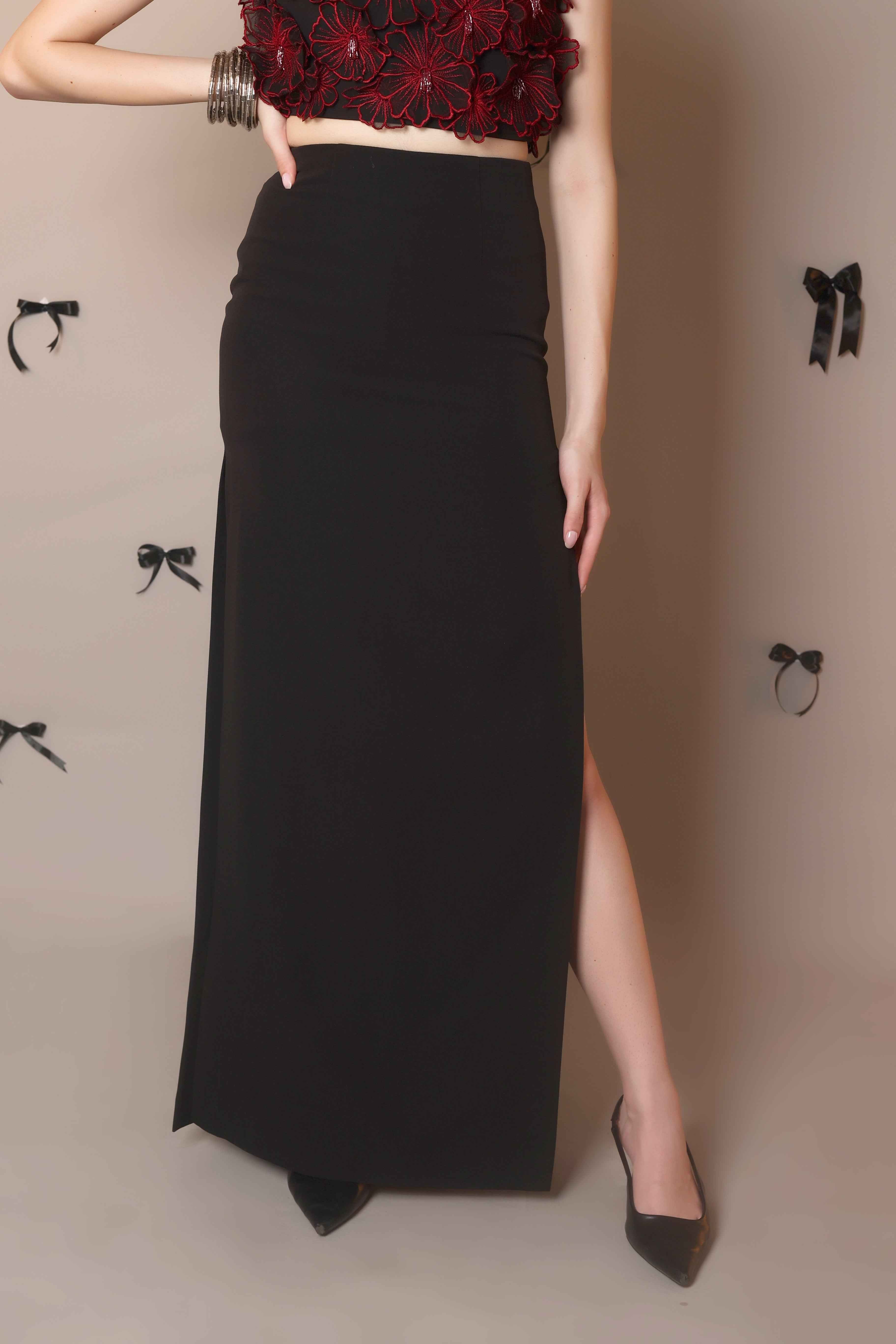 Obsidian Twin-Slit Maxi Skirt – Sculpted Noir - Vybtheory