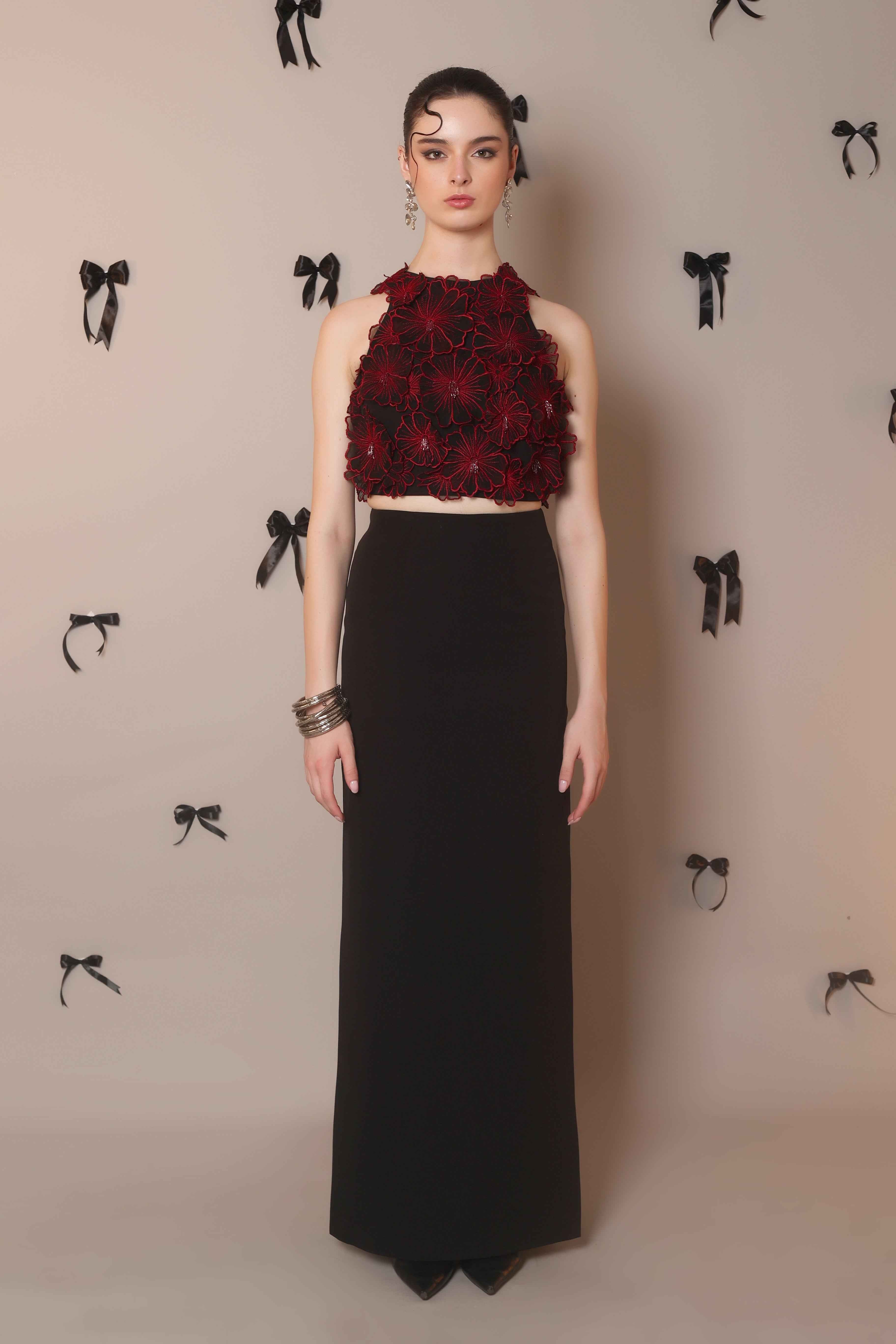 Red 3D Floral Embroidered Crop Top – Petal Rush - Vybtheory