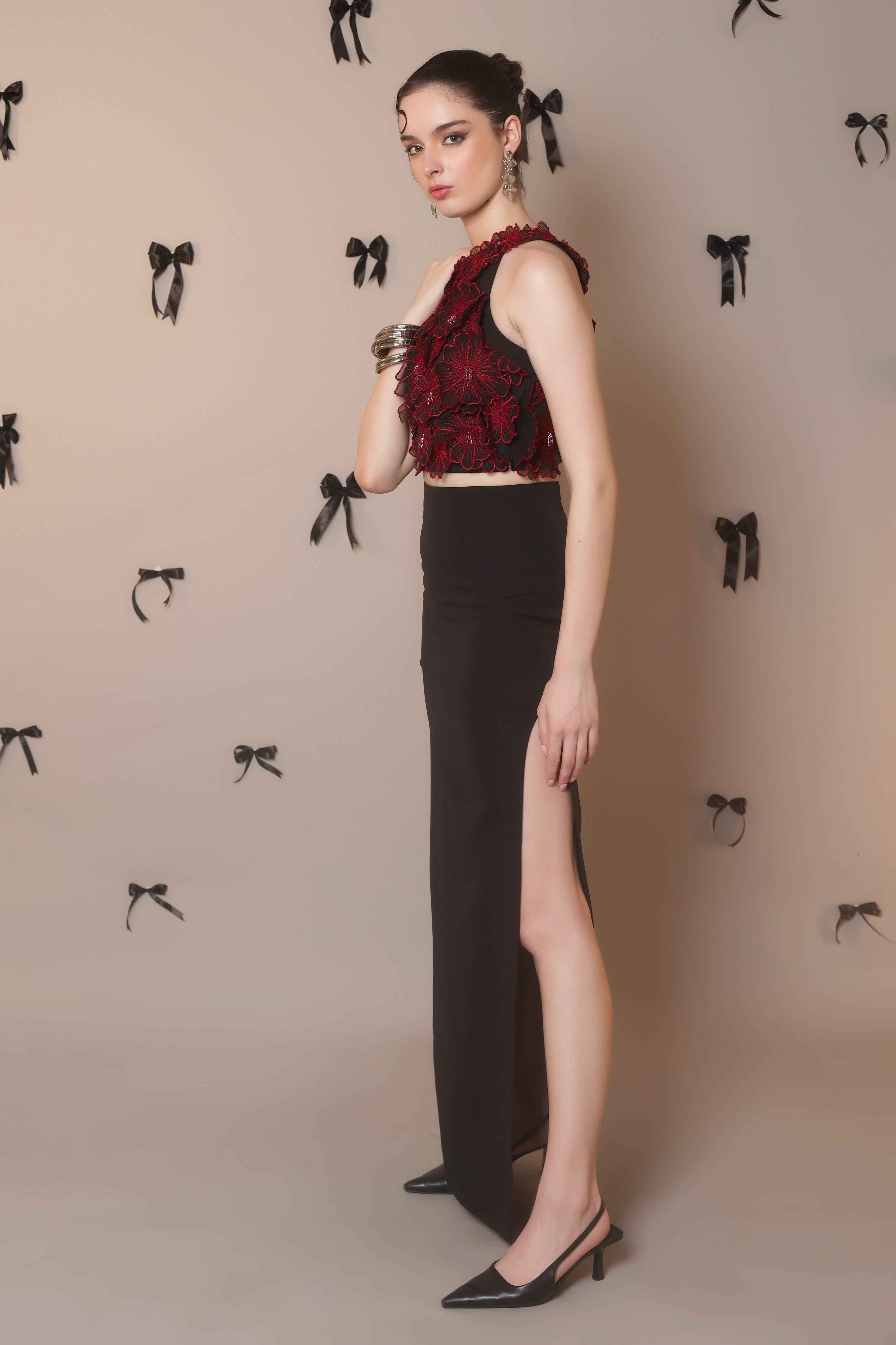 Red 3D Floral Embroidered Crop Top – Petal Rush - Vybtheory