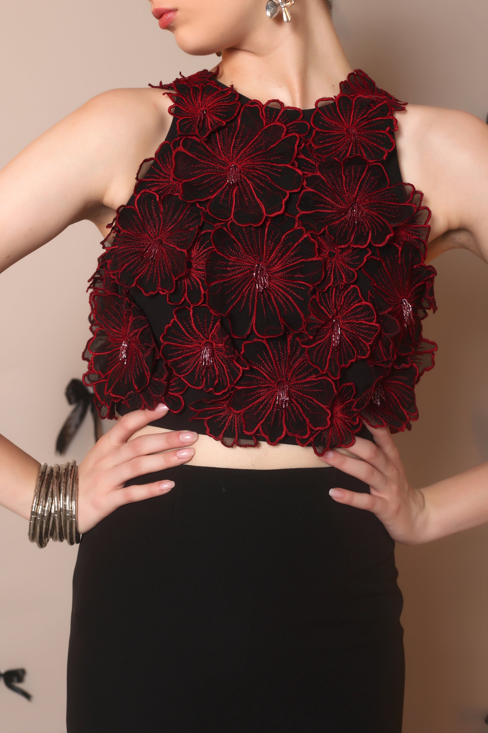 Red 3D Floral Embroidered Crop Top – Petal Rush