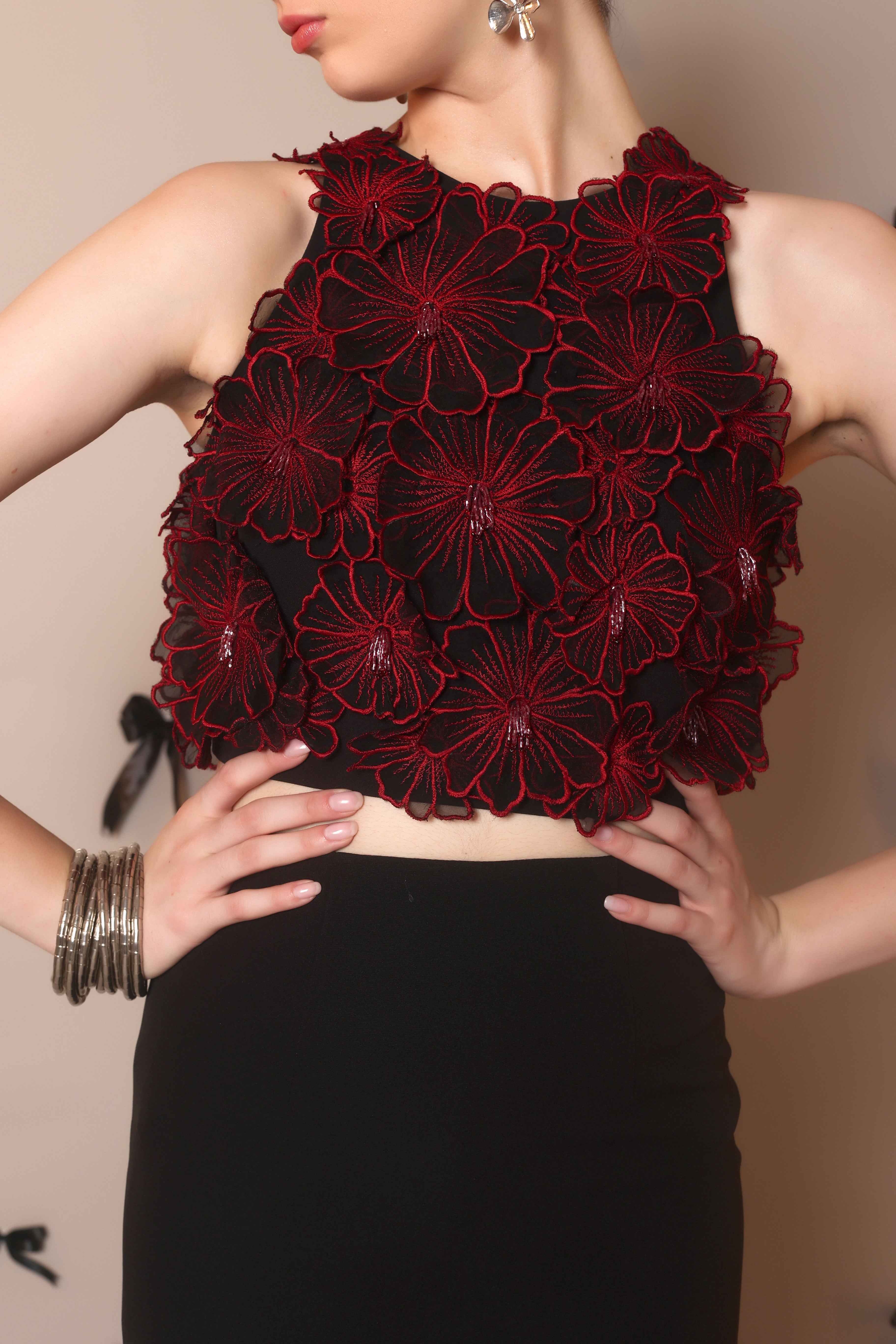 Red 3D Floral Embroidered Crop Top – Petal Rush - Vybtheory