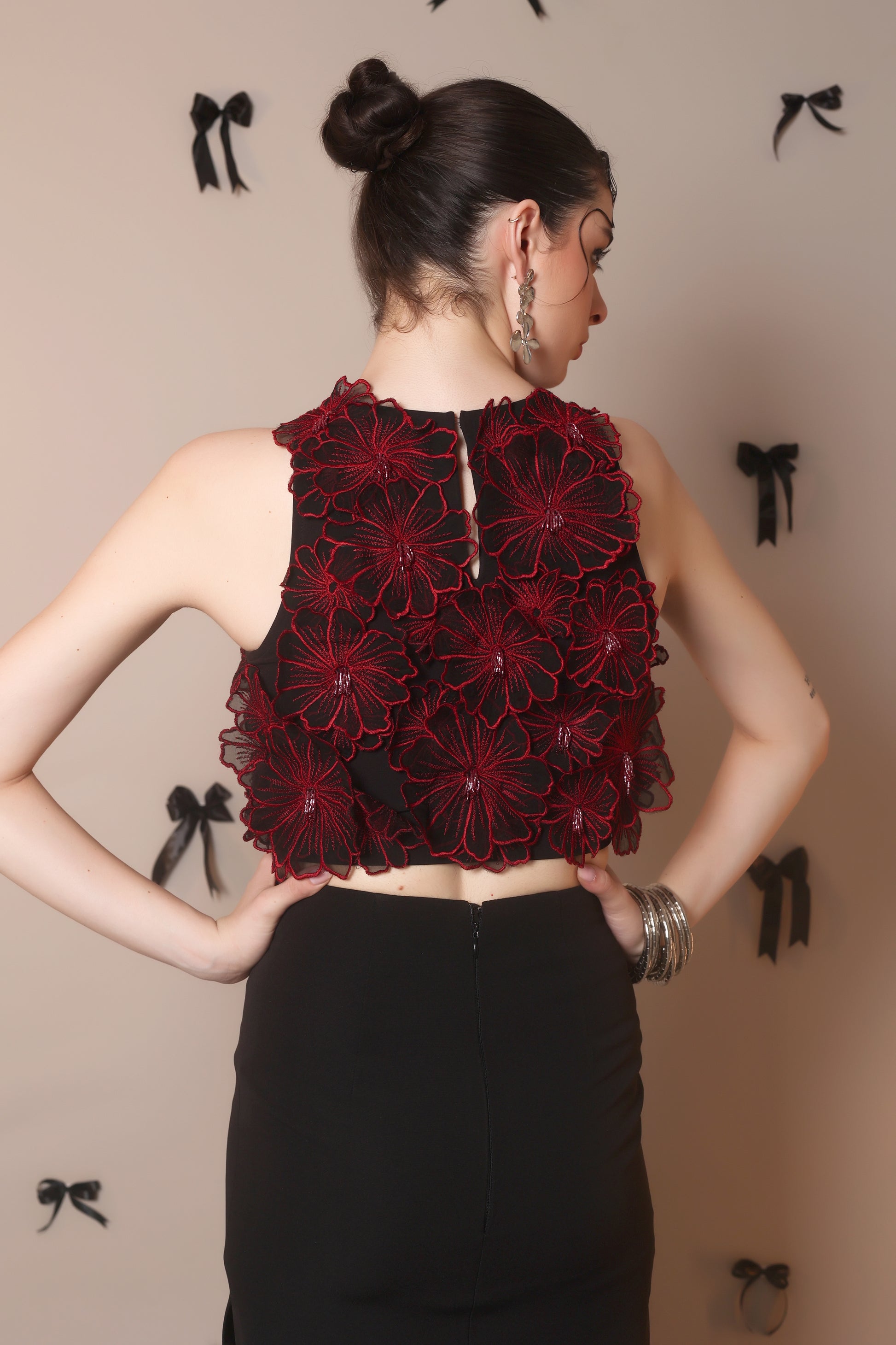 Red 3D Floral Embroidered Crop Top – Petal Rush