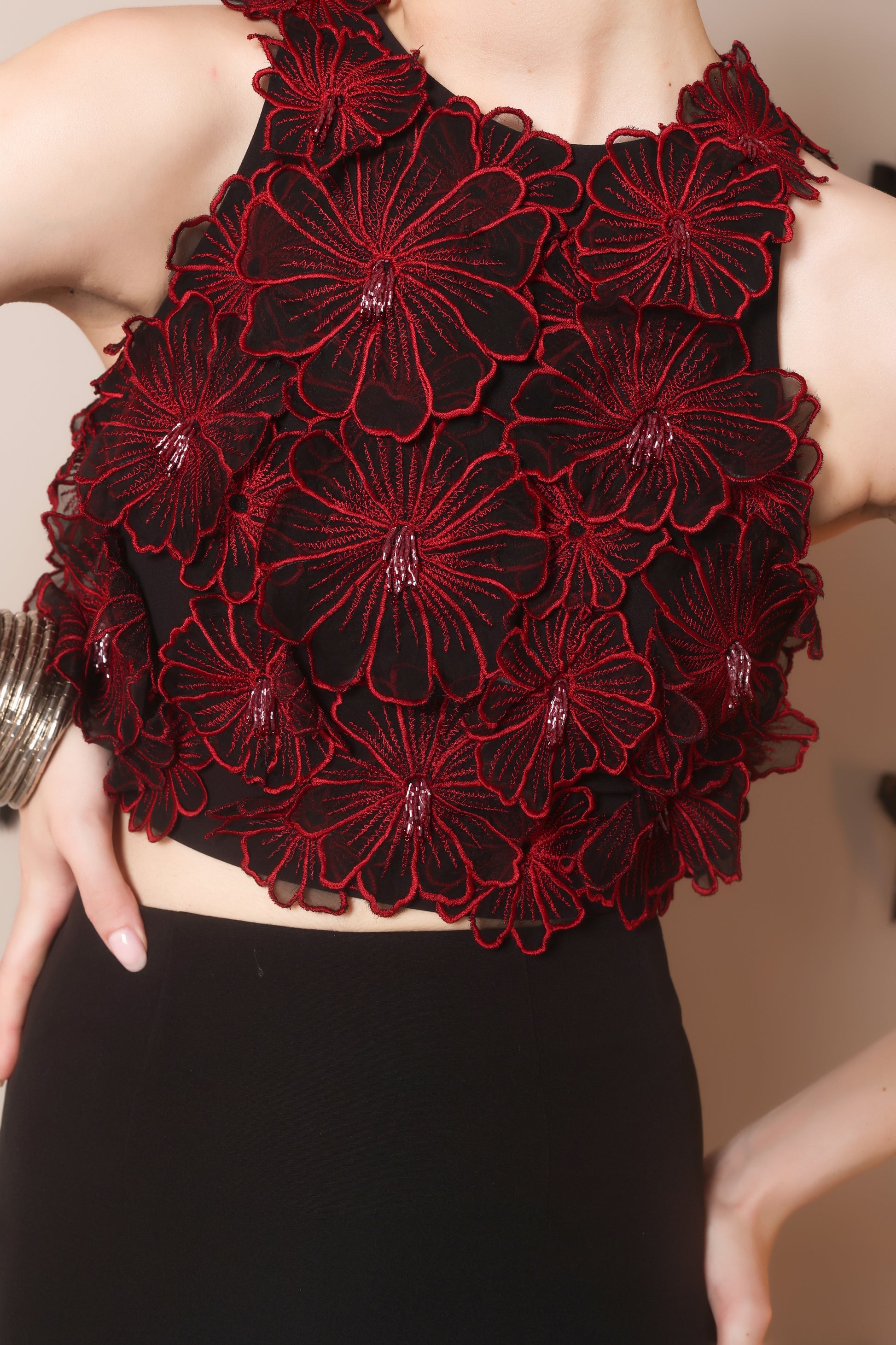 Red 3D Floral Embroidered Crop Top – Petal Rush