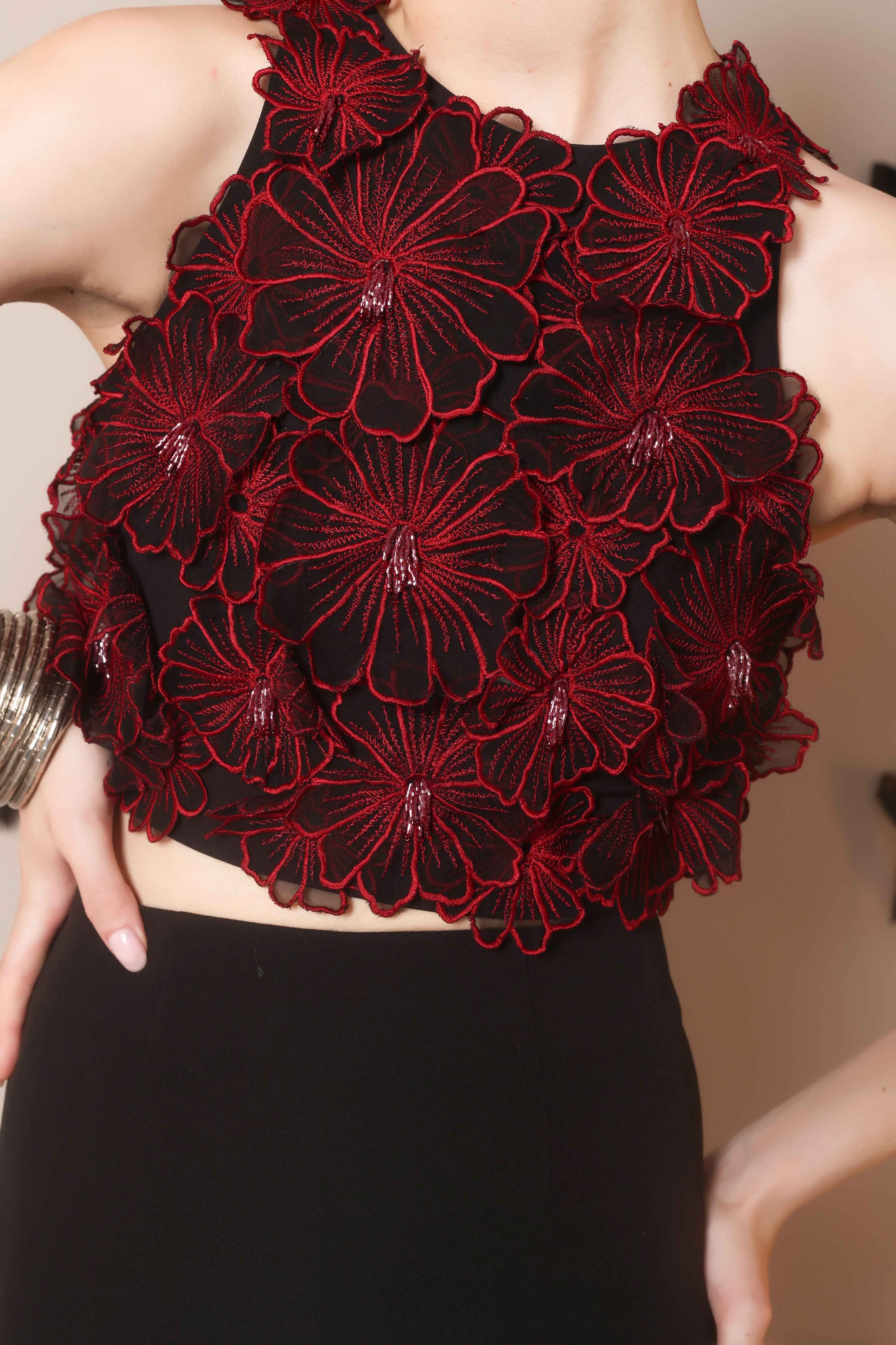 Red 3D Floral Embroidered Crop Top – Petal Rush - Vybtheory