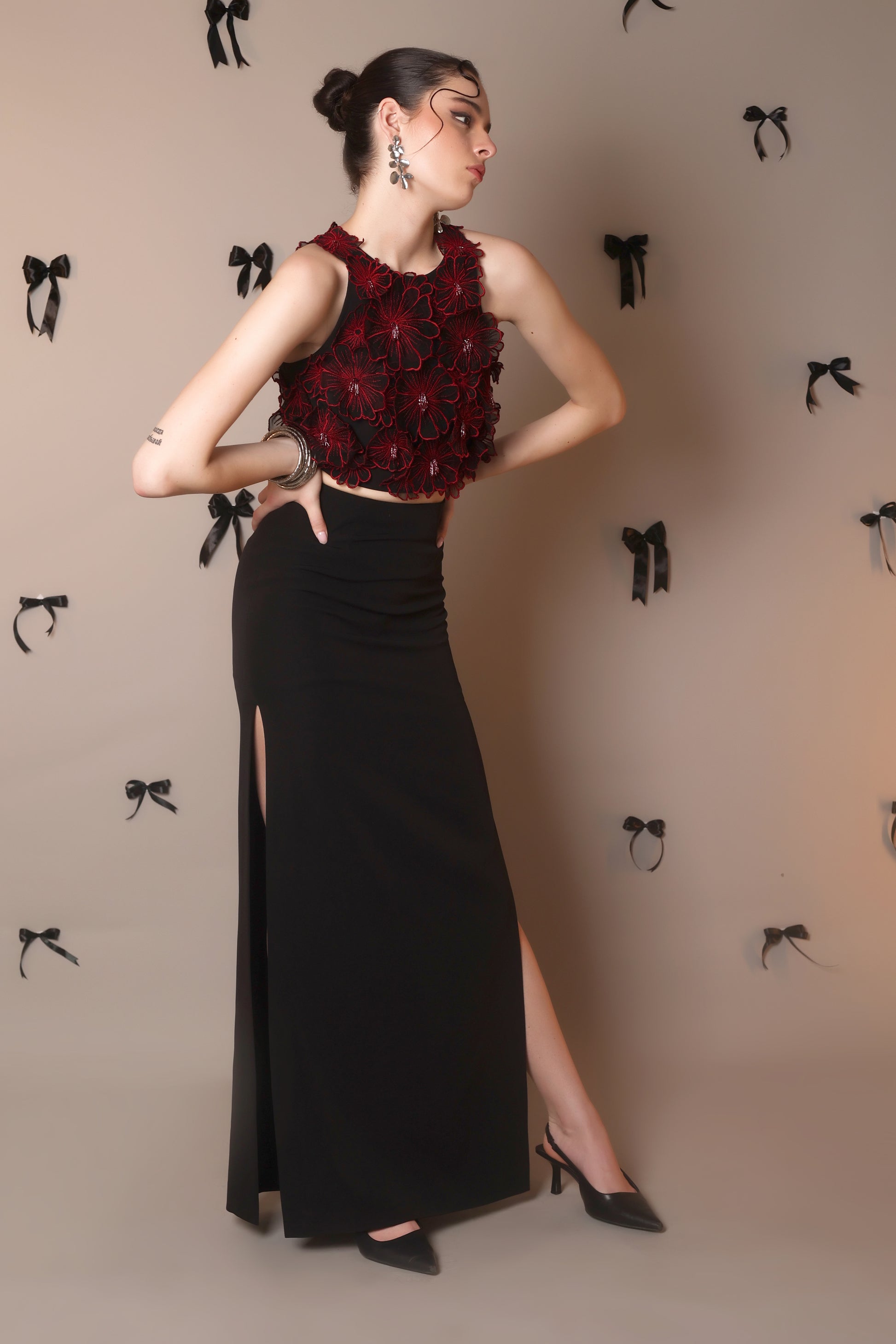 Red 3D Floral Embroidered Crop Top – Petal Rush