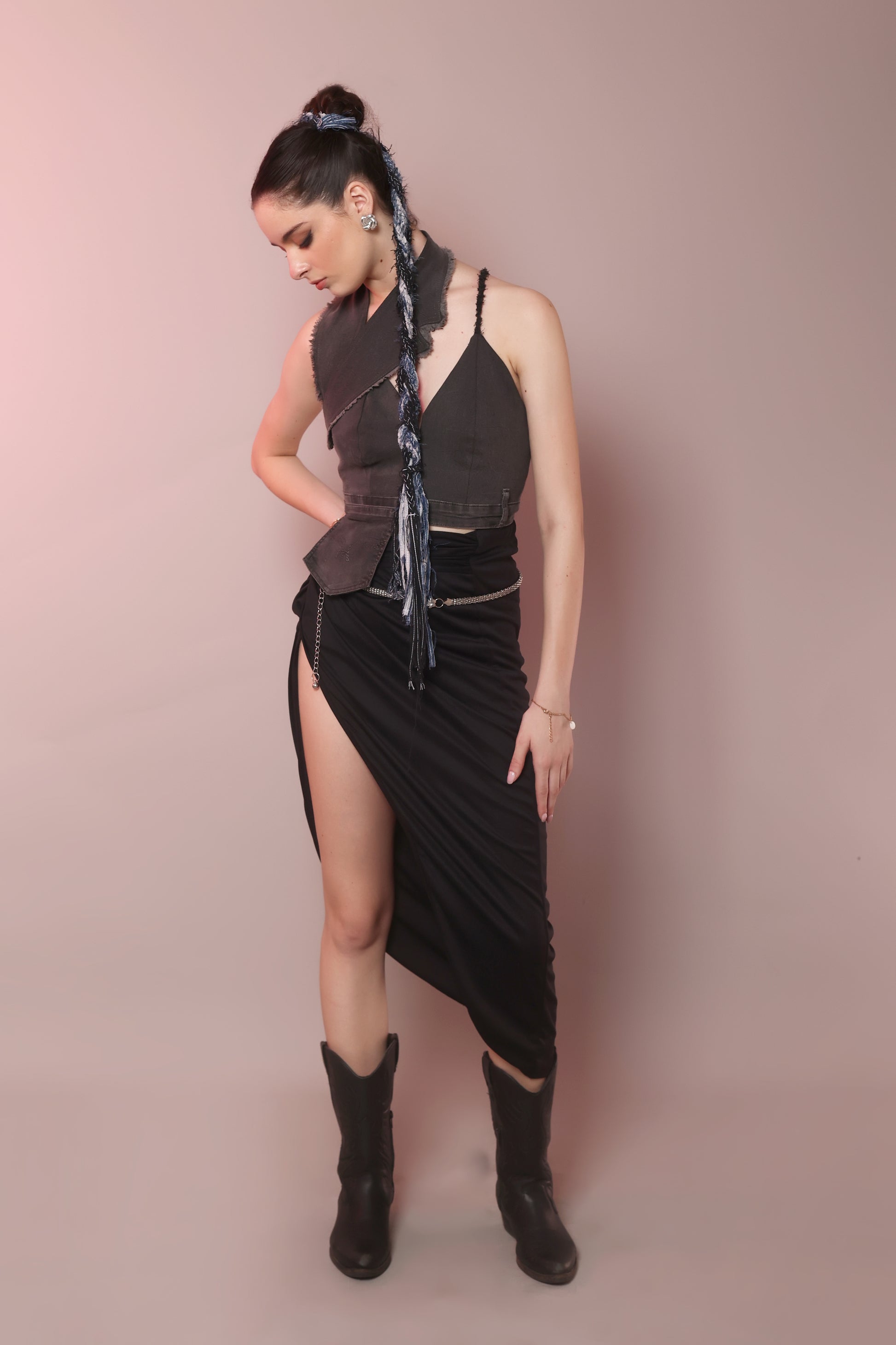Asymmetric Raw Denim Halter Corset Top