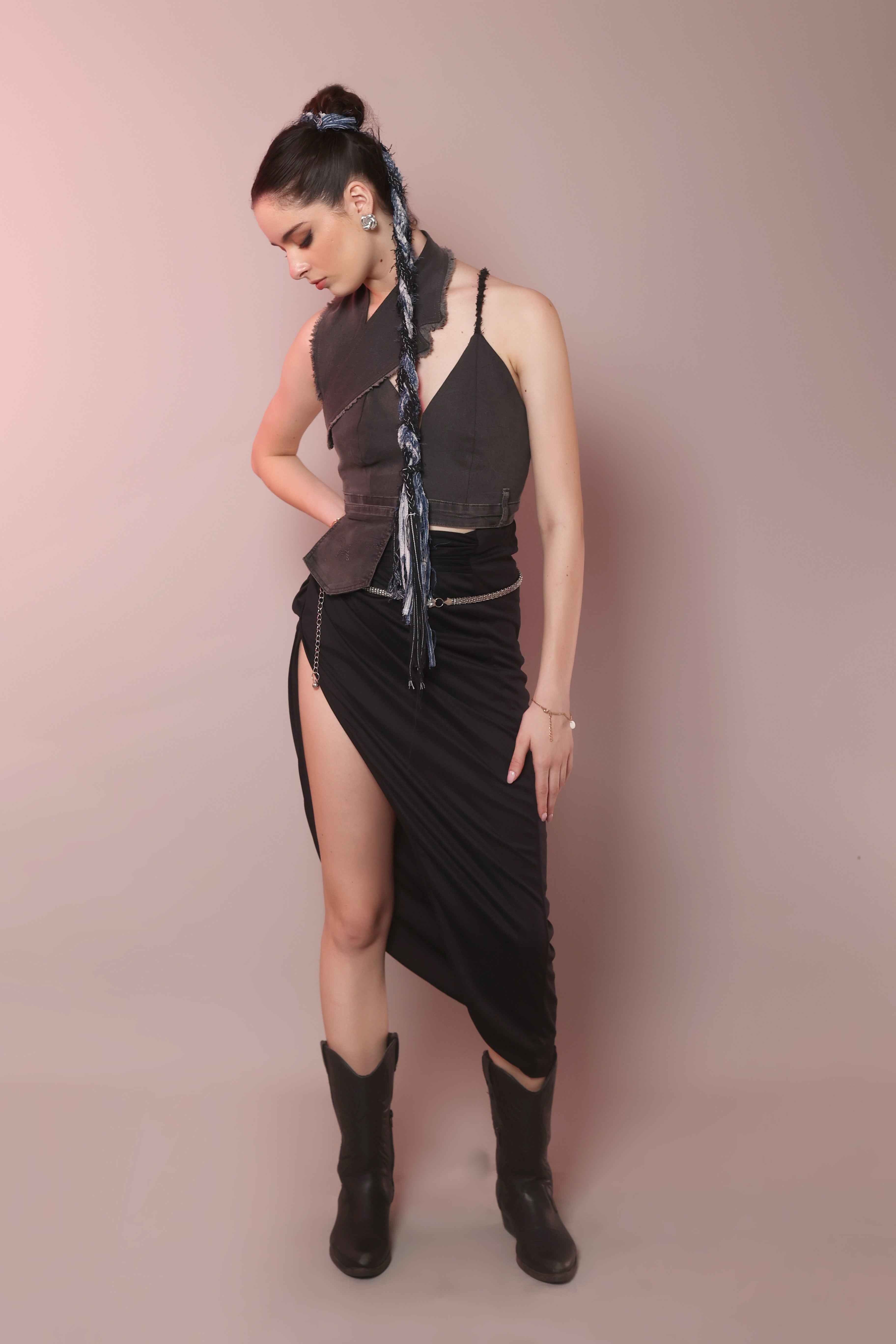 Asymmetric Raw Denim Halter Corset Top - Vybtheory