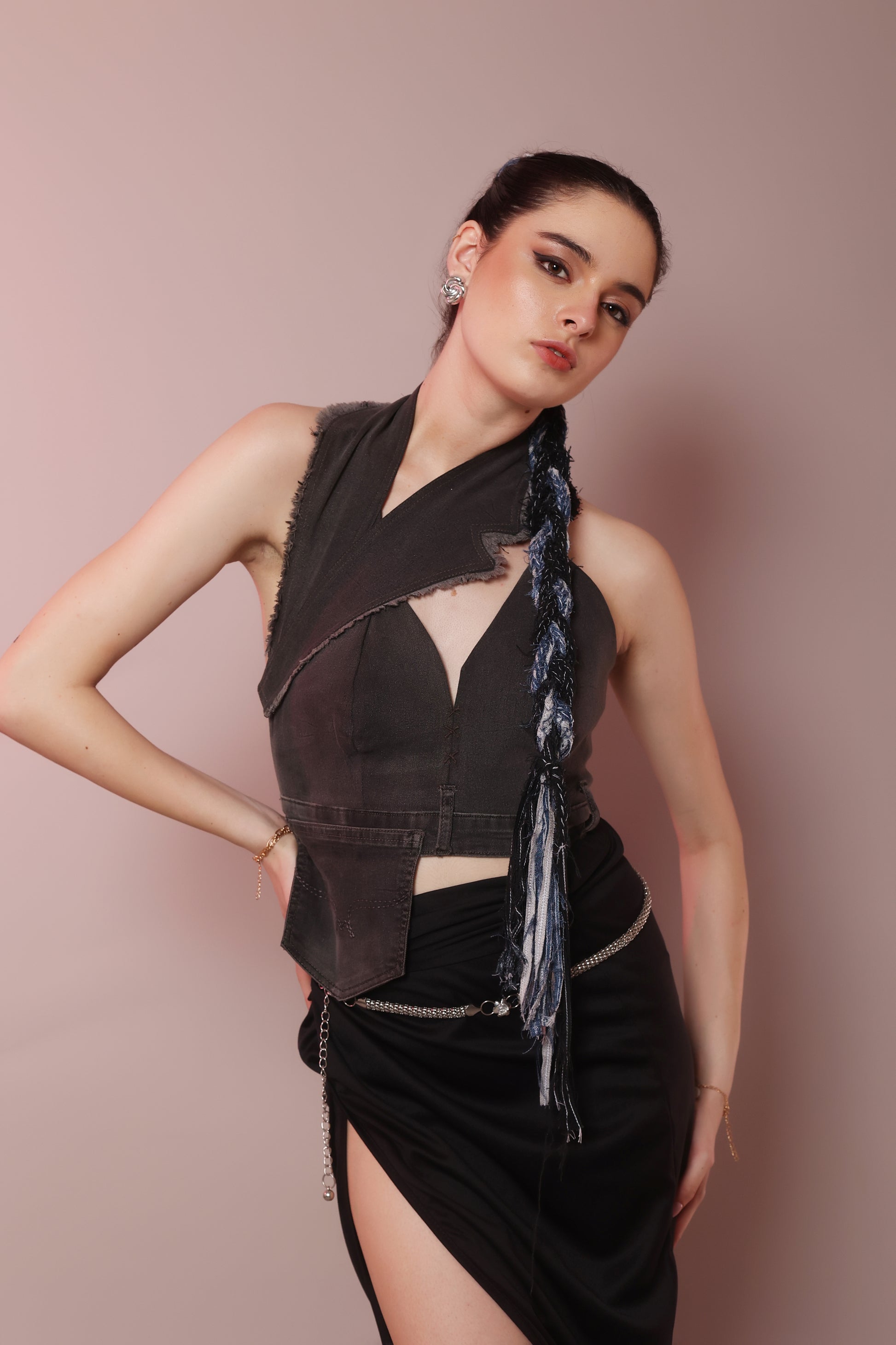 Asymmetric Raw Denim Halter Corset Top