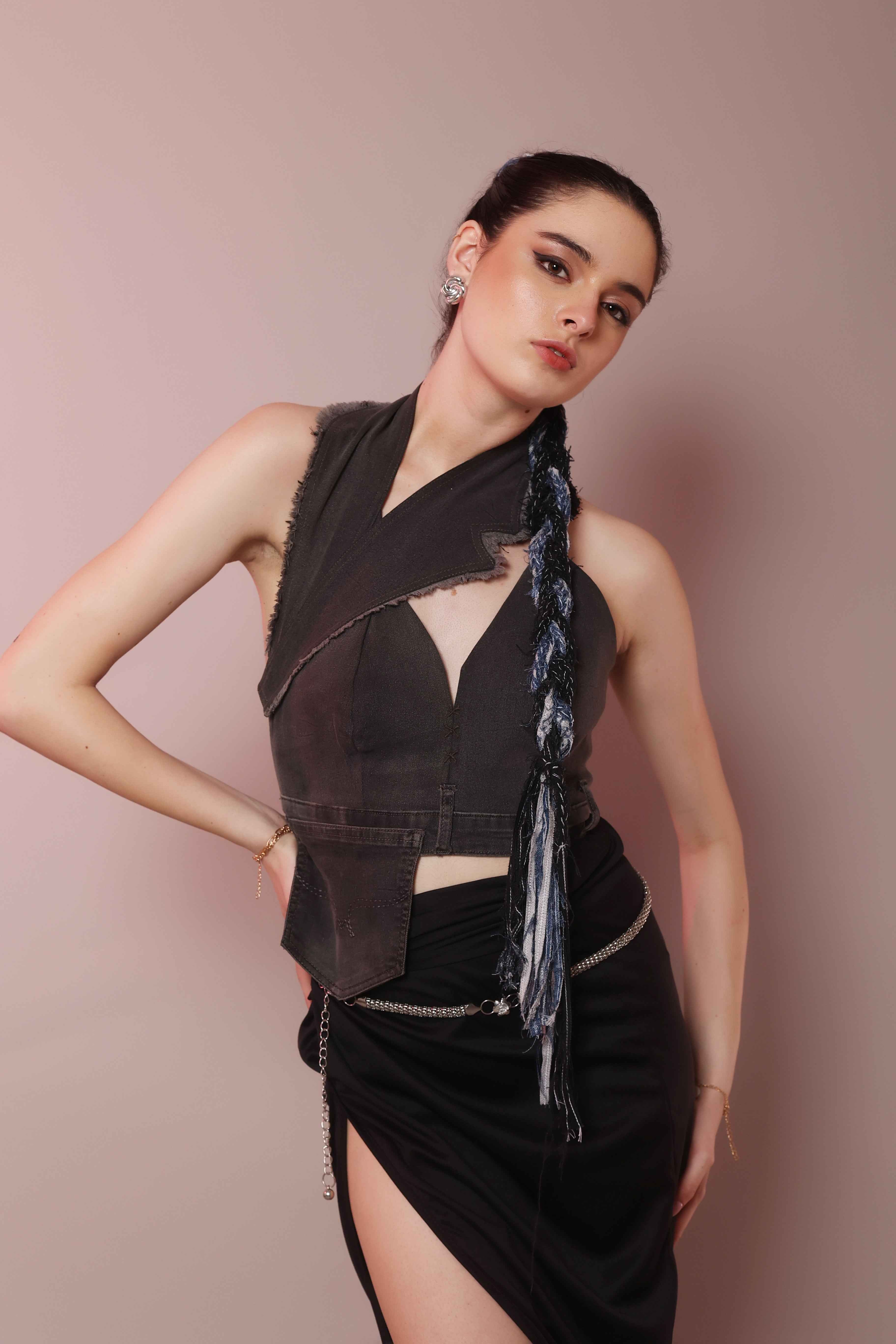 Asymmetric Raw Denim Halter Corset Top - Vybtheory