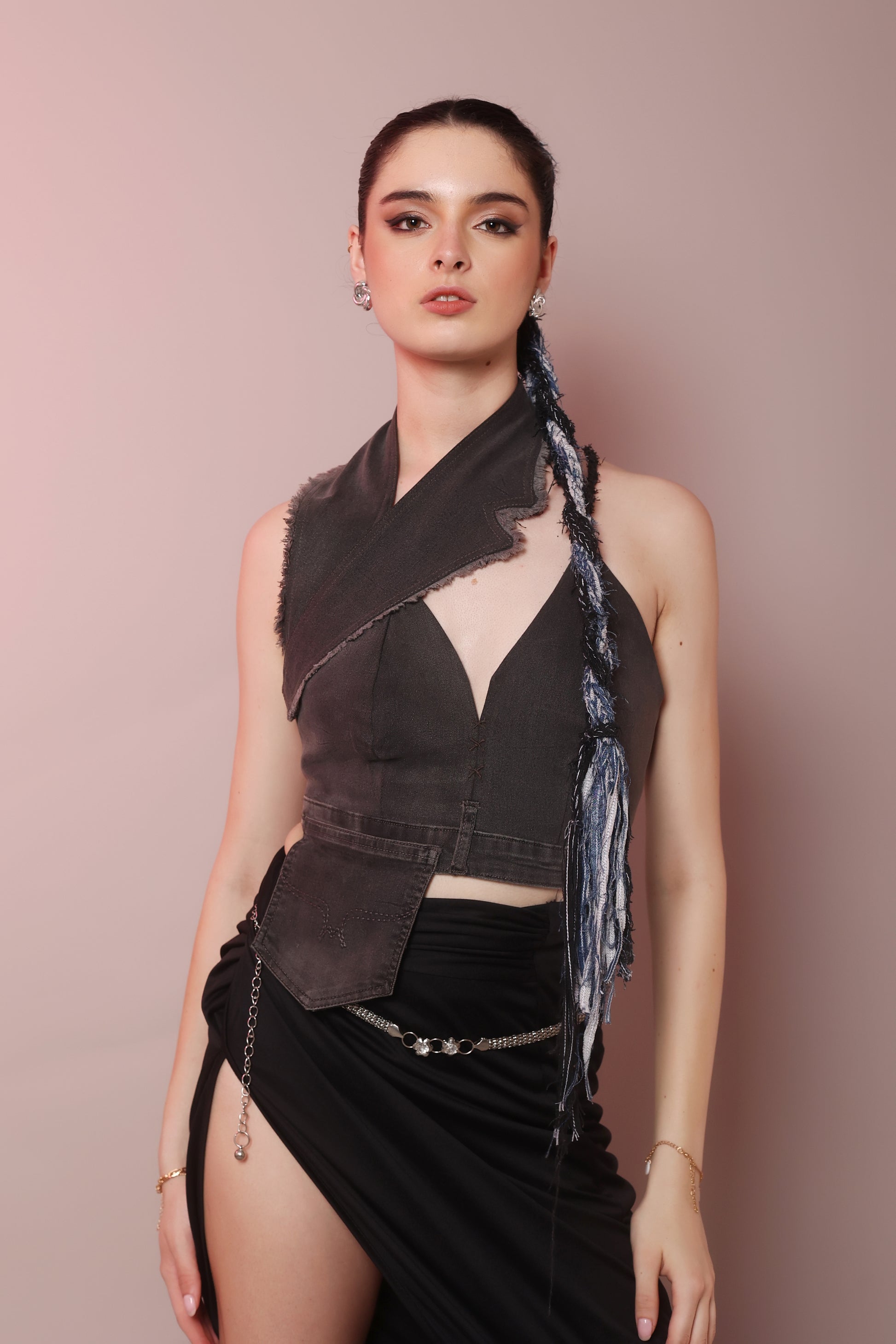 Asymmetric Raw Denim Halter Corset Top