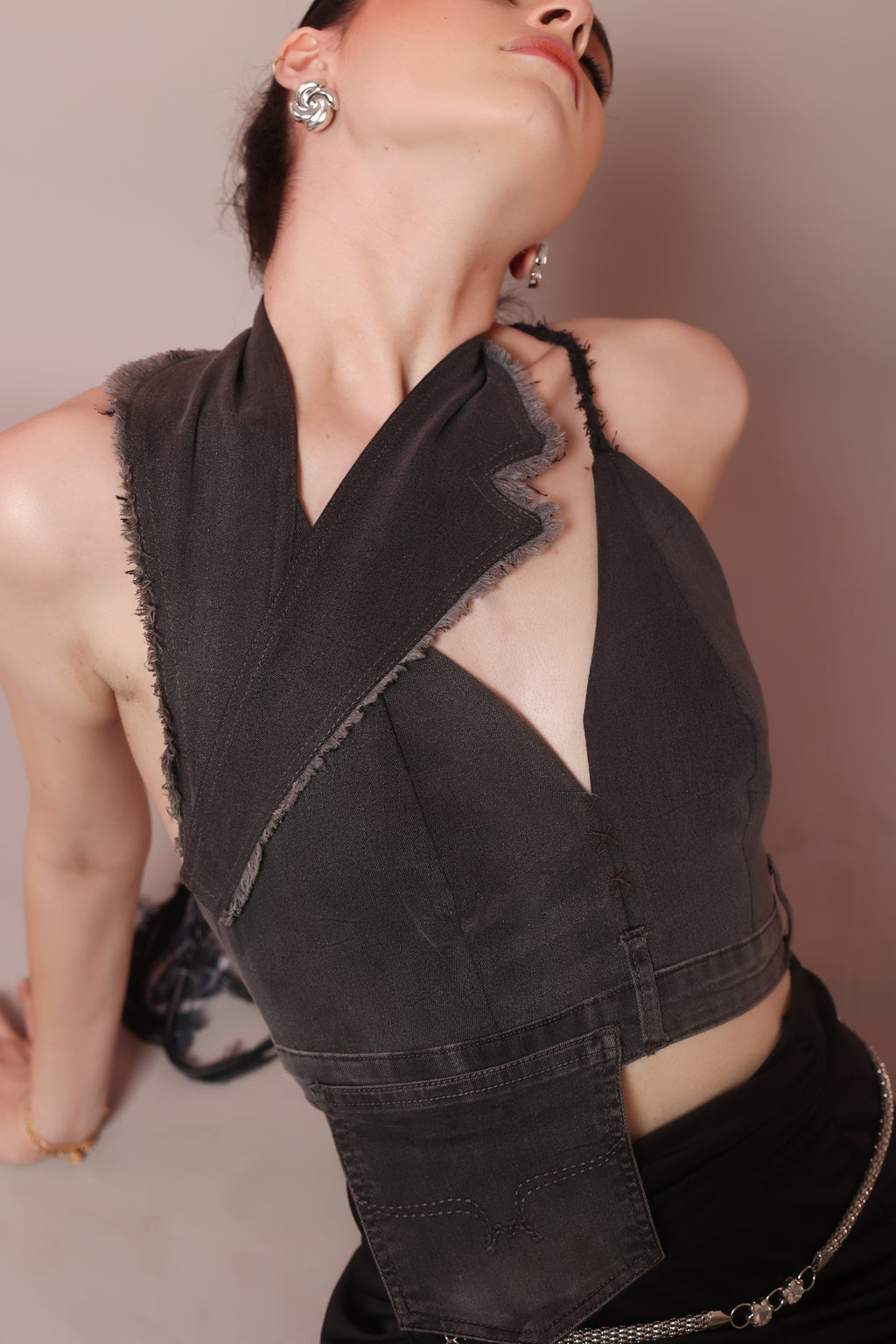 Asymmetric Raw Denim Halter Corset Top