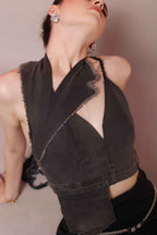 Asymmetric Raw Denim Halter Corset Top - Vybtheory