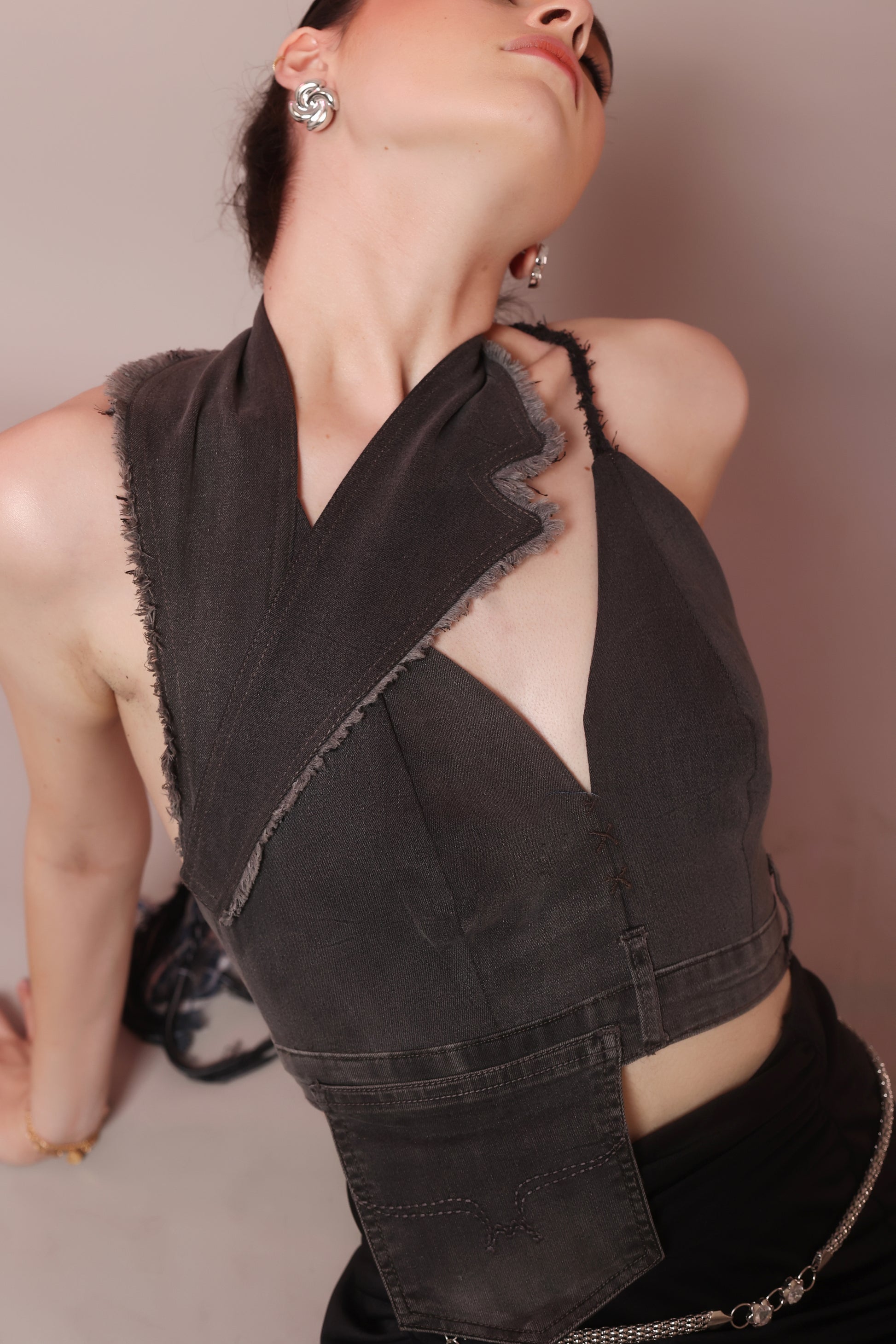Asymmetric Raw Denim Halter Corset Top