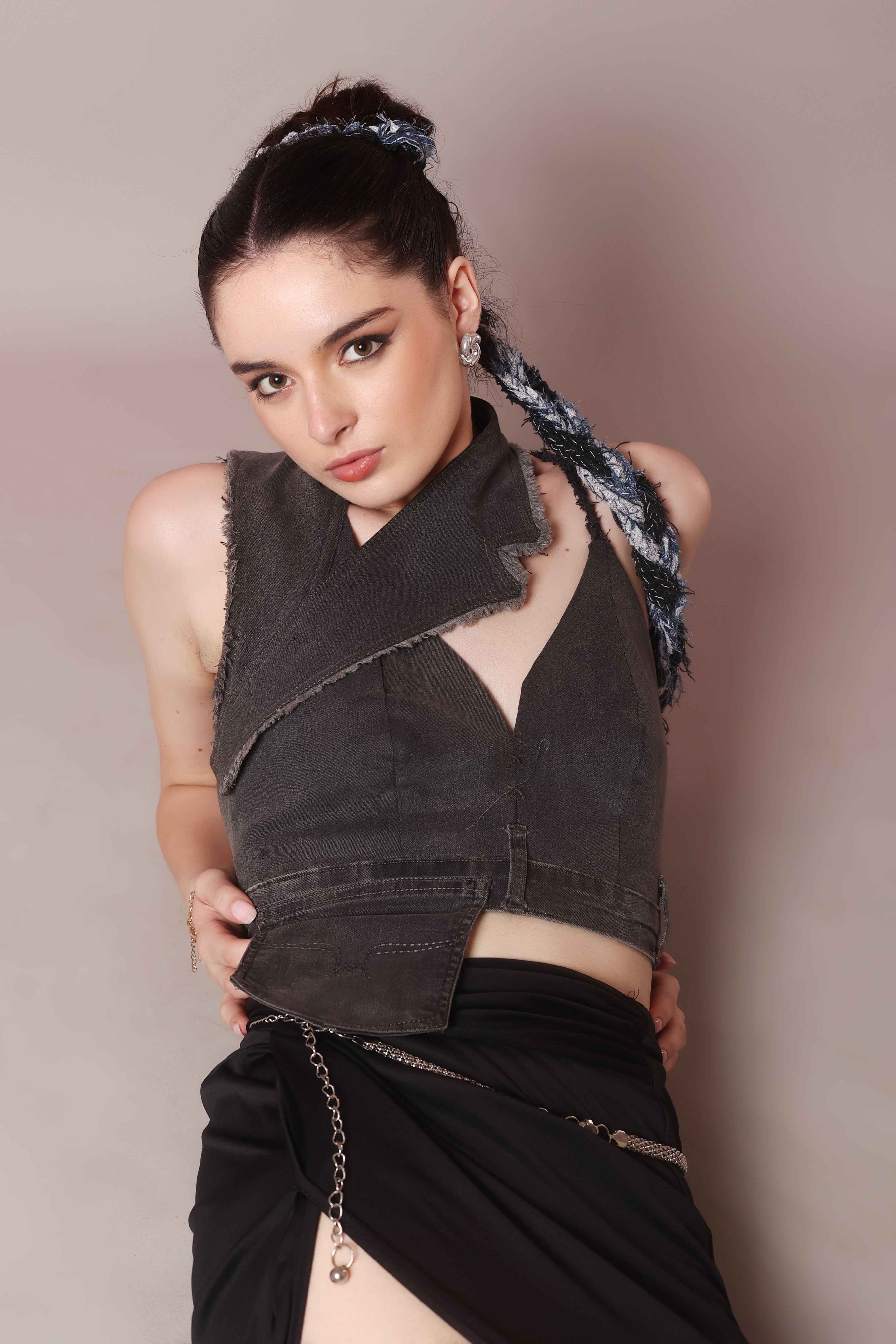 Asymmetric Raw Denim Halter Corset Top - Vybtheory