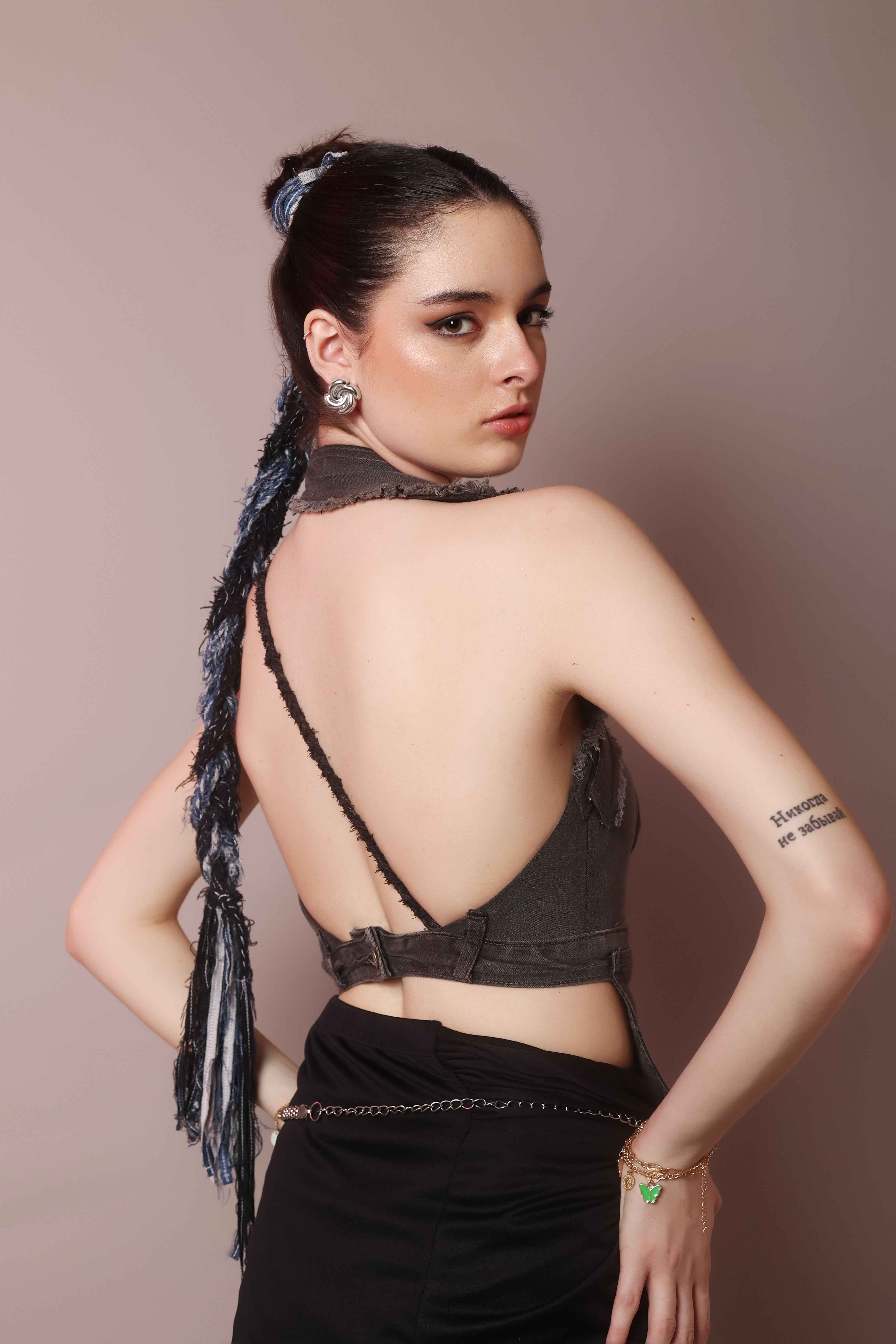 Asymmetric Raw Denim Halter Corset Top - Vybtheory