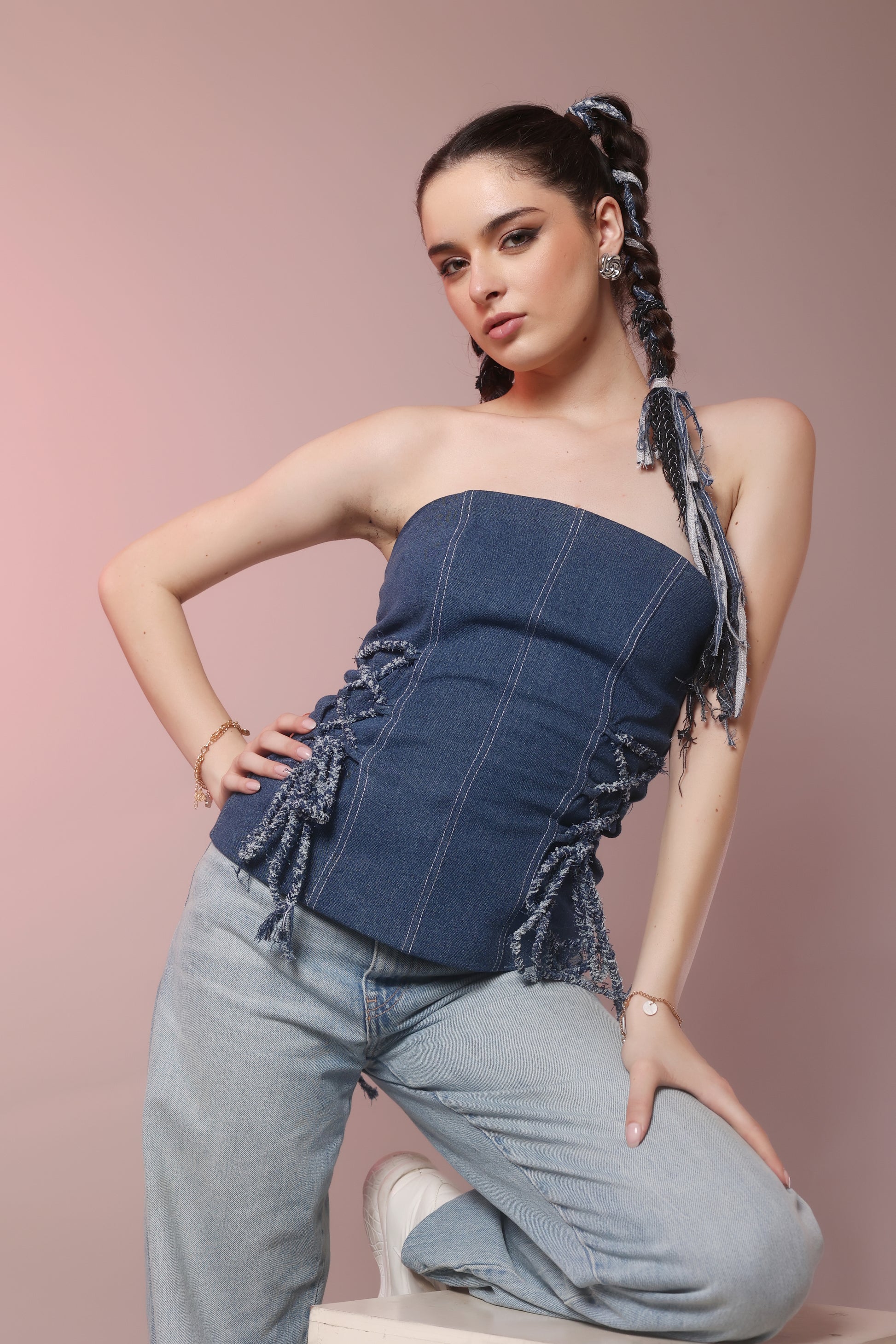 Corset-Laced Denim Tube Top