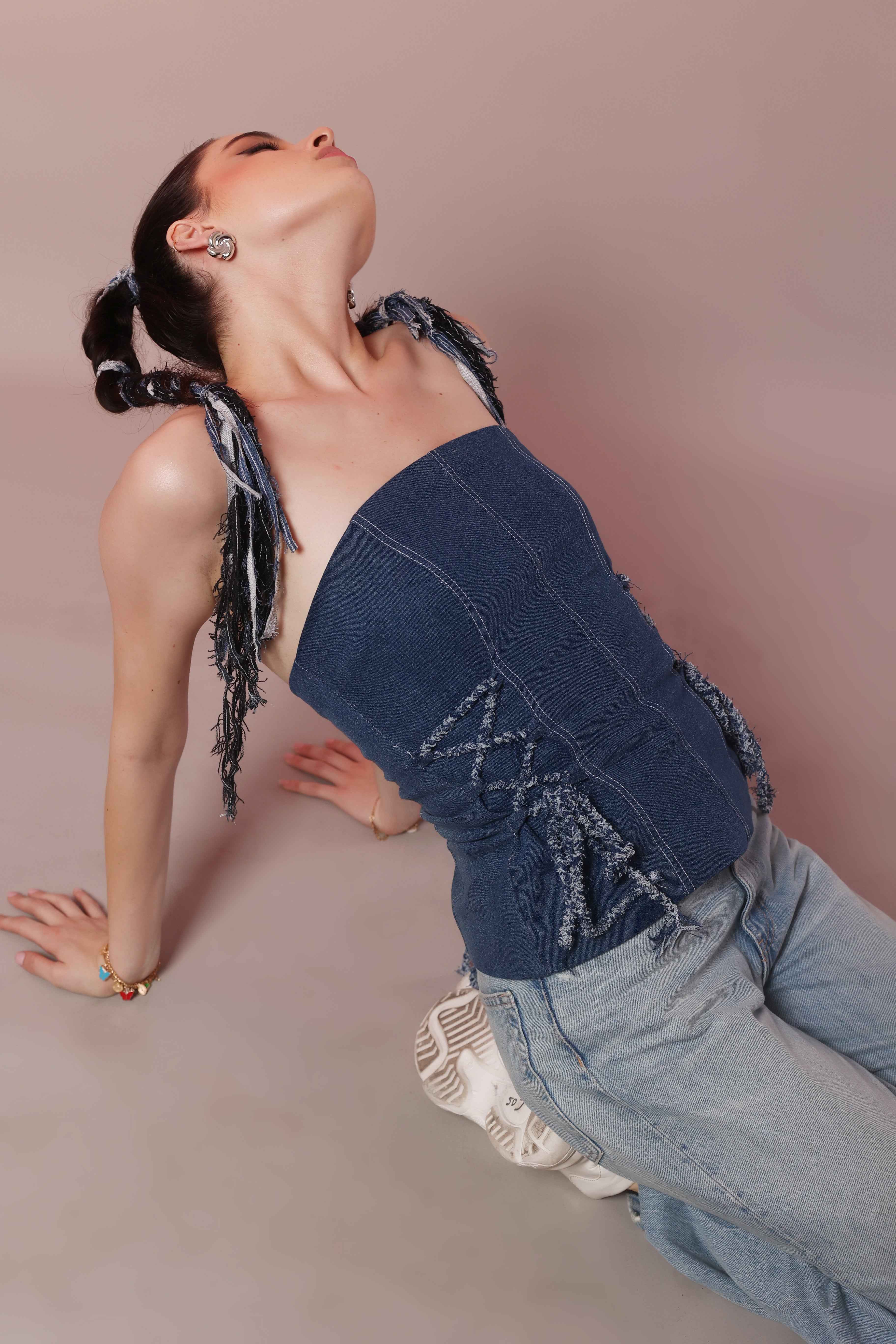 Corset-Laced Denim Tube Top - Vybtheory