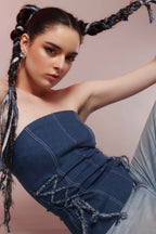 Corset-Laced Denim Tube Top - Vybtheory