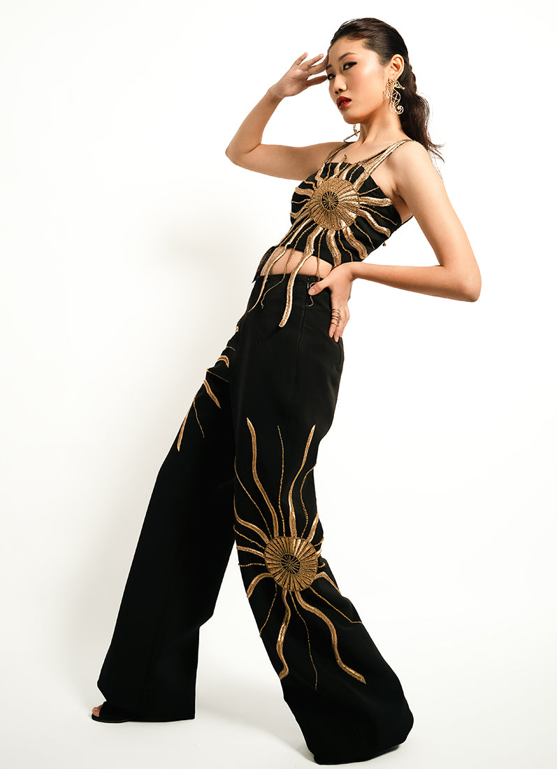 Solar Flare Embroidered Crop Top – Black Gold Radiance | VybTheory