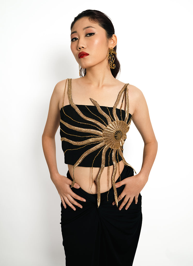 Solar Flare Embroidered Crop Top – Black Gold Radiance | VybTheory