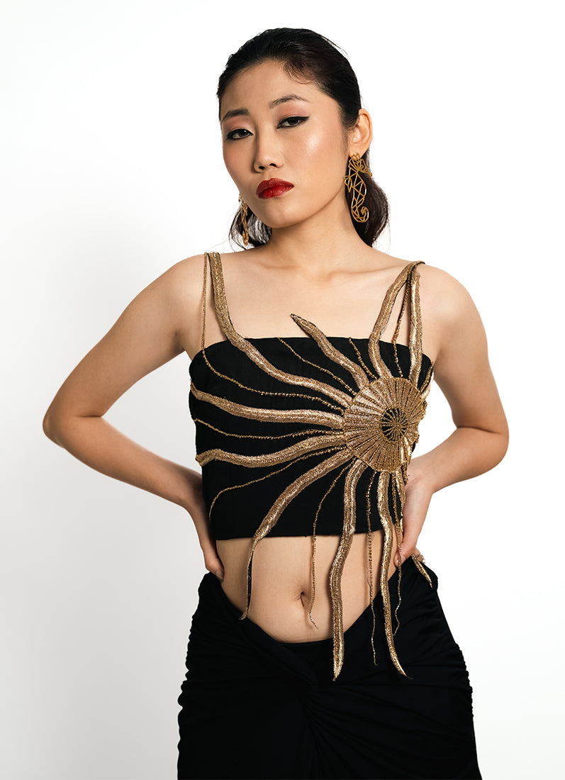 Solar Flare Embroidered Crop Top – Black Gold Radiance | VybTheory