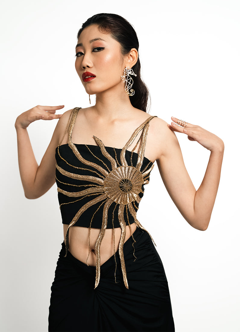 Solar Flare Embroidered Crop Top – Black Gold Radiance | VybTheory