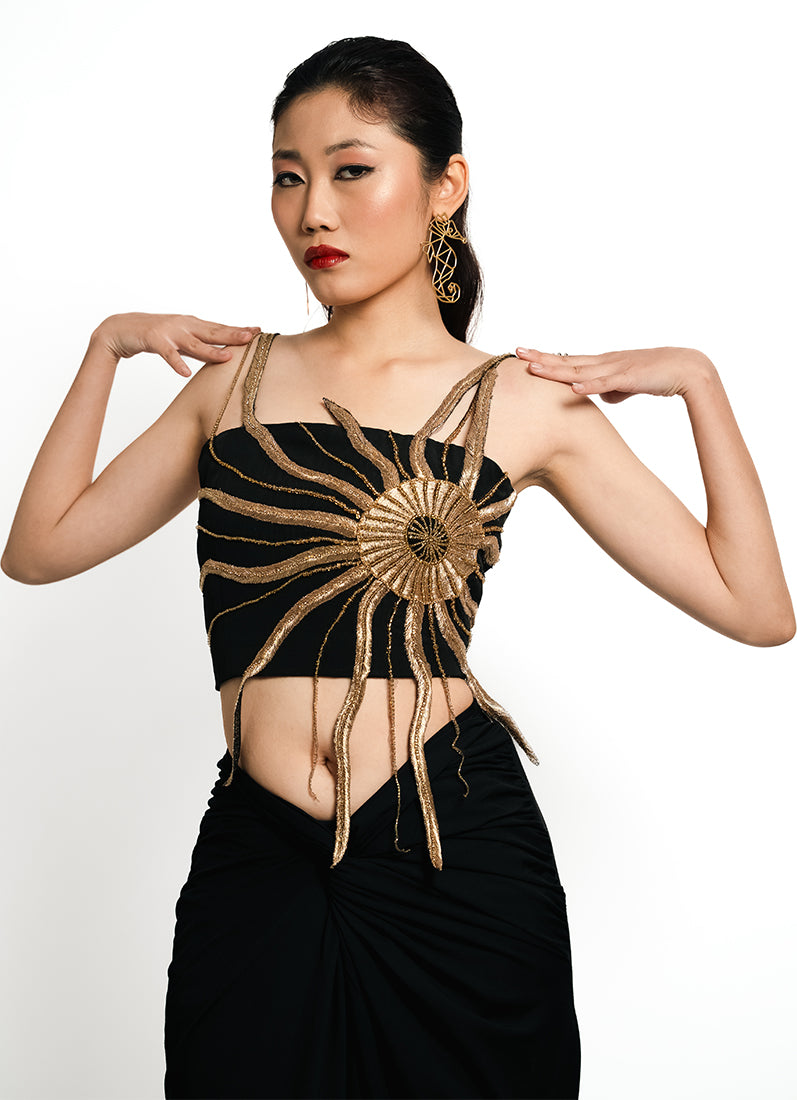 Solar Flare Embroidered Crop Top – Black Gold Radiance | VybTheory