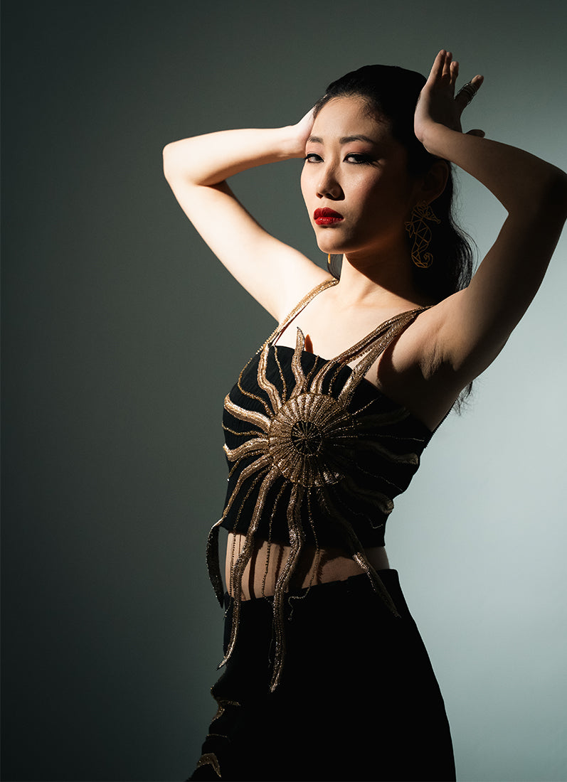 Solar Flare Embroidered Crop Top – Black Gold Radiance | VybTheory