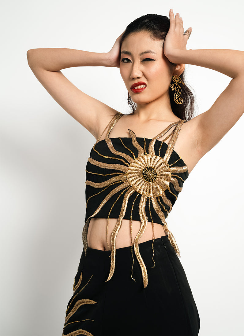 Solar Flare Embroidered Crop Top – Black Gold Radiance | VybTheory