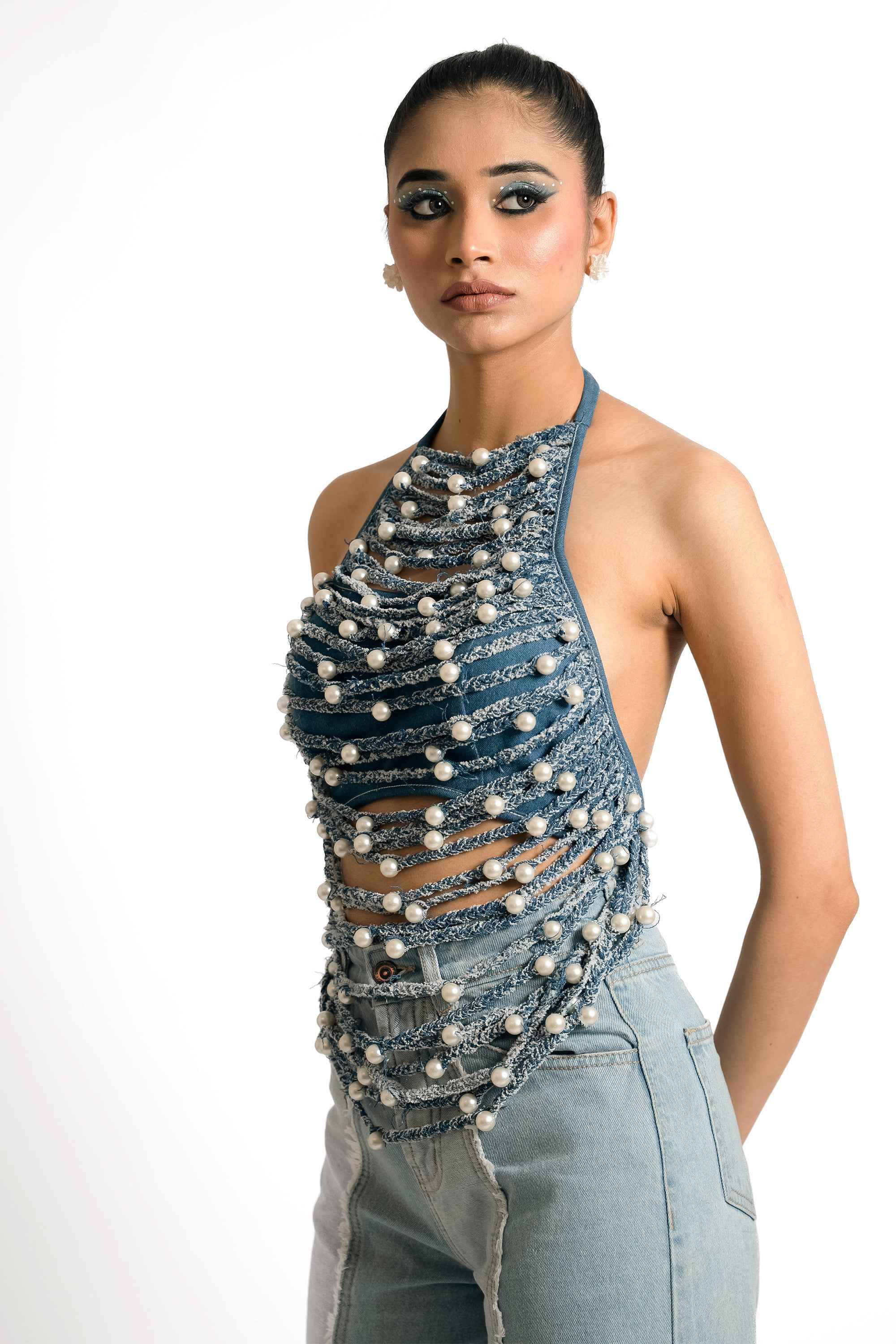 Pearl Braided Denim Halter Top – Sculptural Statement | VybTheory