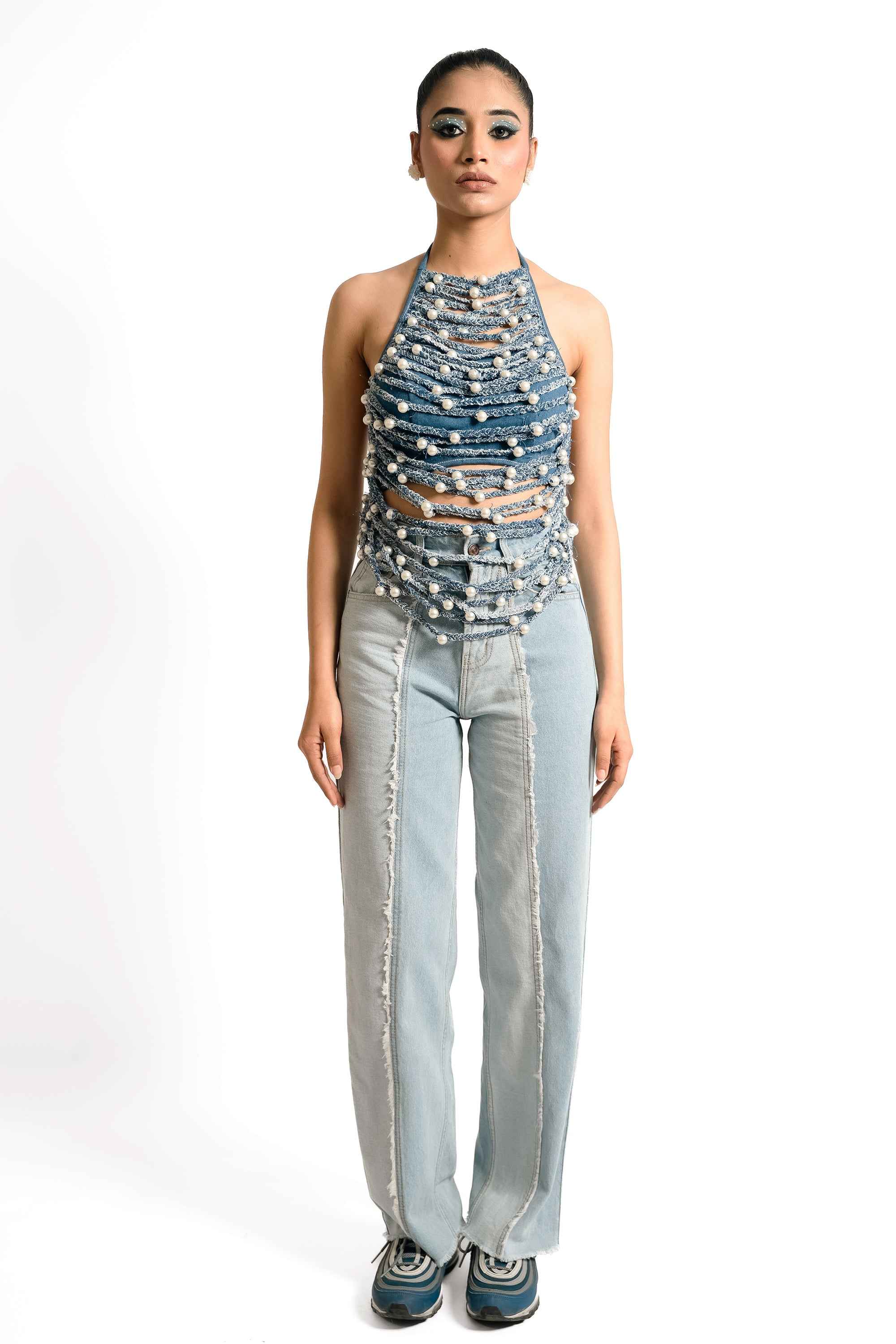 Pearl Braided Denim Halter Top – Sculptural Statement | VybTheory