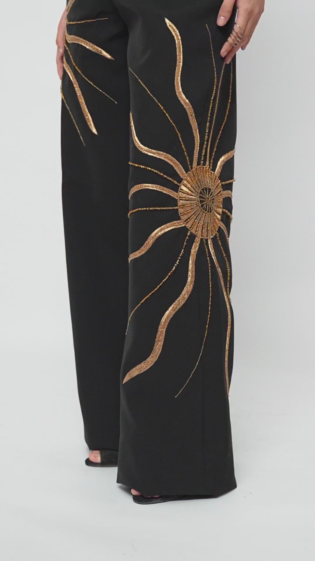 Solar Flare Embroidered Trousers – Black Gold Radiance