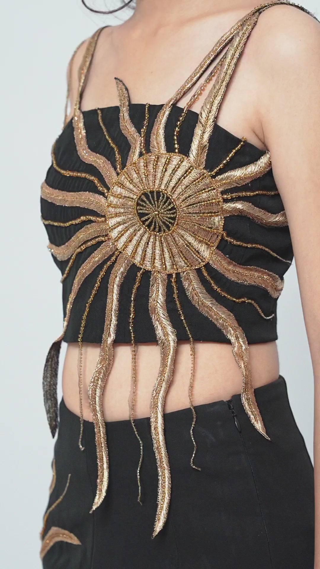 Solar Flare Embroidered Crop Top – Black Gold Radiance | VybTheory